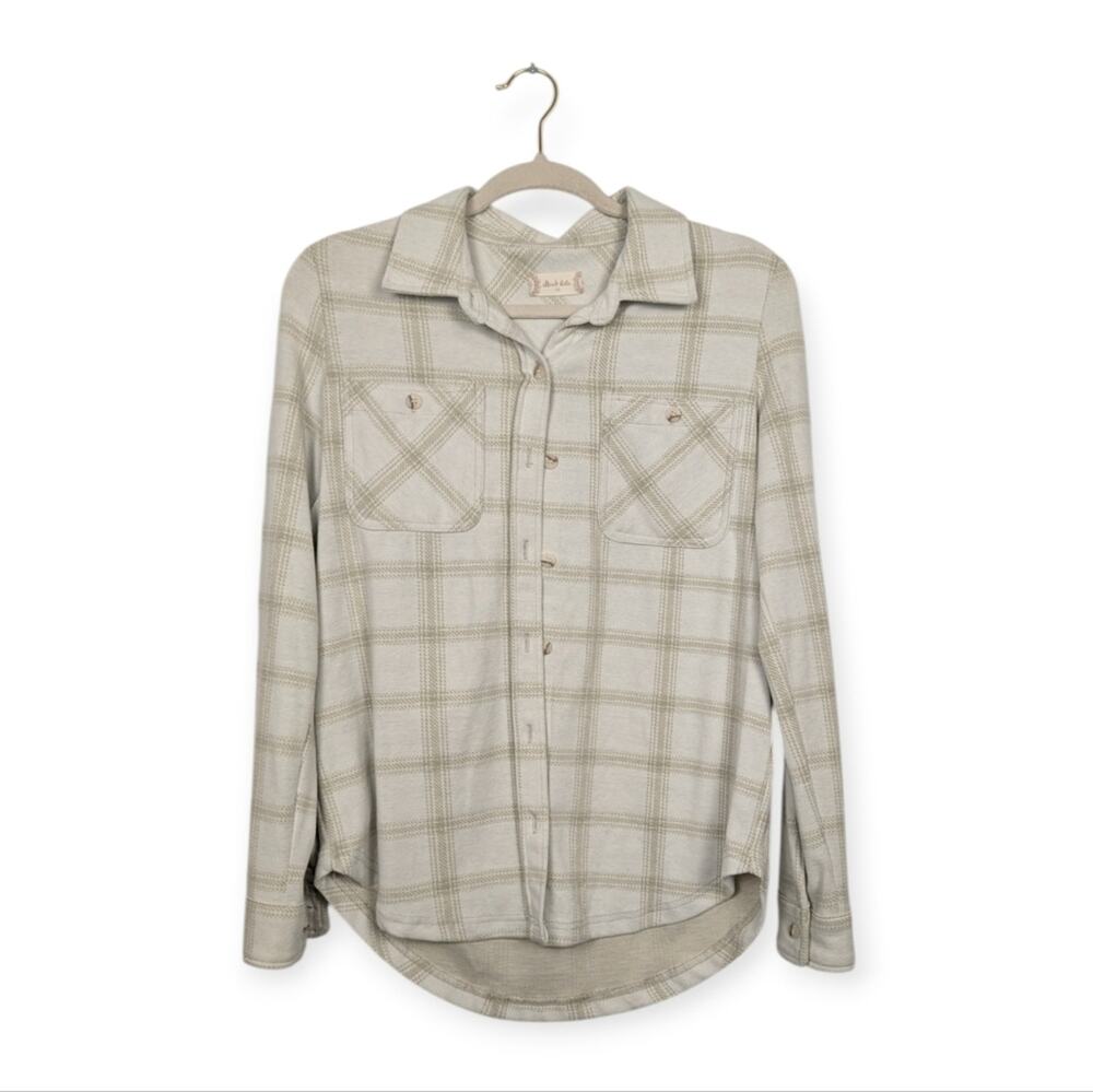Altar’d State Flannel Shirt XS Ivory Sage Plaid Button Front Soft Stretch Casual